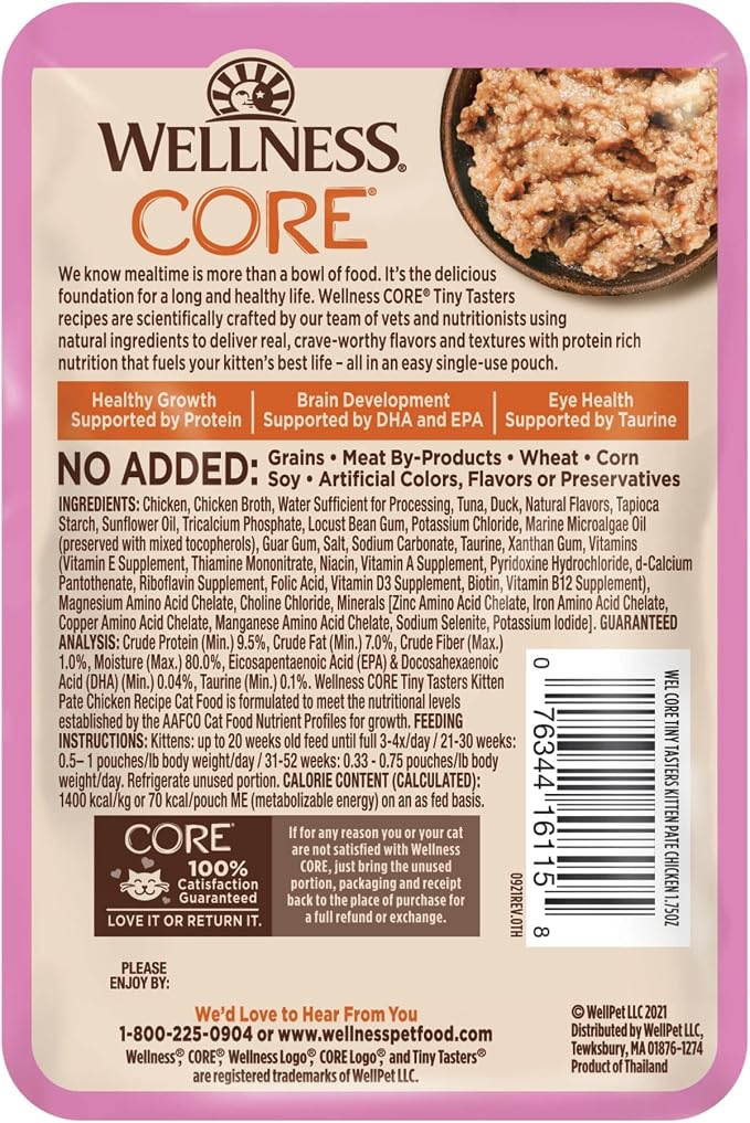 Wellness CORE Tiny Tasters Pate Kitten Wet Cat Food, Natural, Protein Rich, Grain Free, Chicken Recipe, 1.75 oz, Pack of 12 Pouches