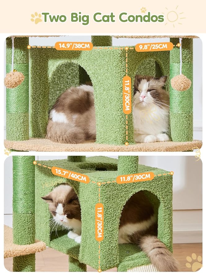 Taoqimiao 76-Inch Cat Tree XXL for Large Cats, Giant Cat Tower with Scratching Board, Extra-Large Metal Hammock, 3 Perches, 7 Sisal Posts, 2 Big Condos, Hanging Basket, Cactus, MS047T