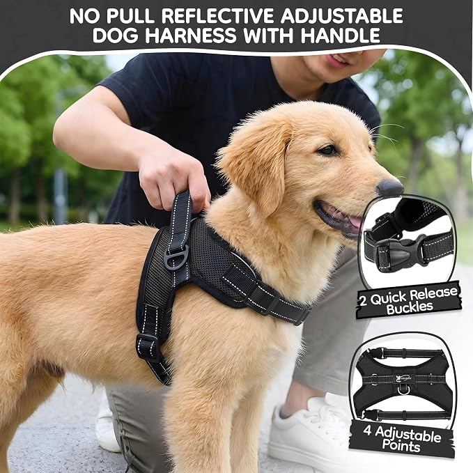 No Pull Reflective Adjustable Dog Harness with Handle- Comfortable Soft All Weather Mesh, Easy On Puppy Harness for Small Medium and Large Dogs (Black) Large