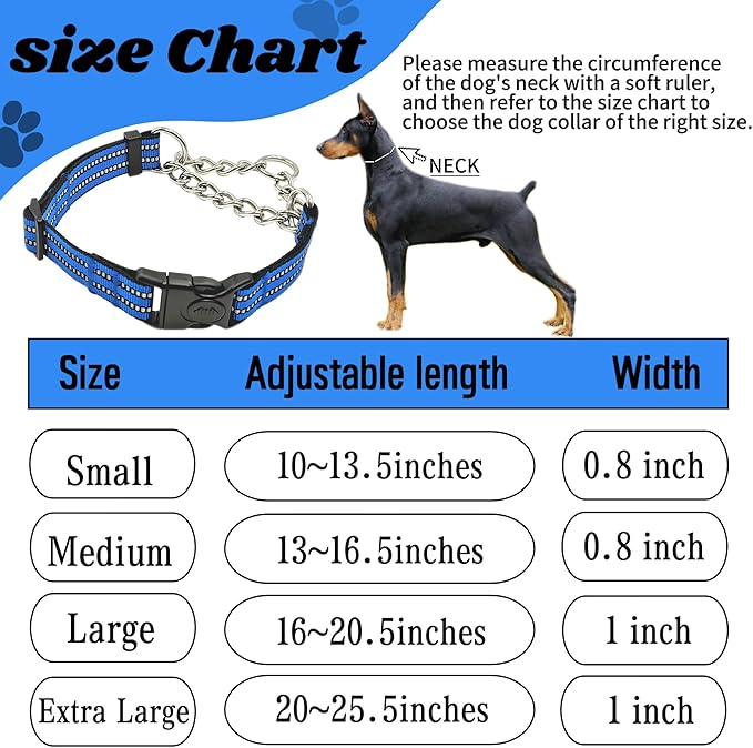 Martingale Dog Collars, Reflective Nylon Collar with Stainless Steel Chain, Adjustable Walking Training Dog Collars with Quick Release Buckle, Suitable for Small Medium Large Dogs(Blue,XL)