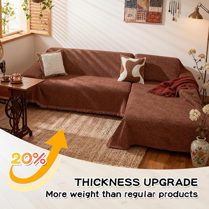MYSKY HOME Couch Cover for Sectional Sofa, 2 Pieces Chenille Couch Covers for L Shape Sofa Cover, Furniture Protector for Pet, Kid, Sofa Slipcover for 3-4 Cushion Couch (71"x118"+91"x134", Chocolate)