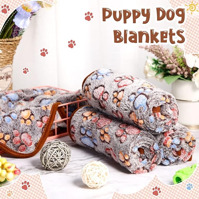 Tatuo 4 Pack Fleece Dog Blankets for Puppy Cats Multi-Size Sleep Mat for Pet Guinea Pig Soft Washable Warm Crate Bed Puppy Teething Toys Print Pattern Blanket Indoor(Black,24 x 47 Inch,Paw)