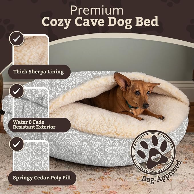 Snoozer Cozy Cave Dog Bed - Indoor Dog Bed with Cover Cave, Covered Calming Burrow for Small & Medium Sized Pets with Blanket Attached, Enclosed, Removable Washable Cover - Large, Ramey Gray