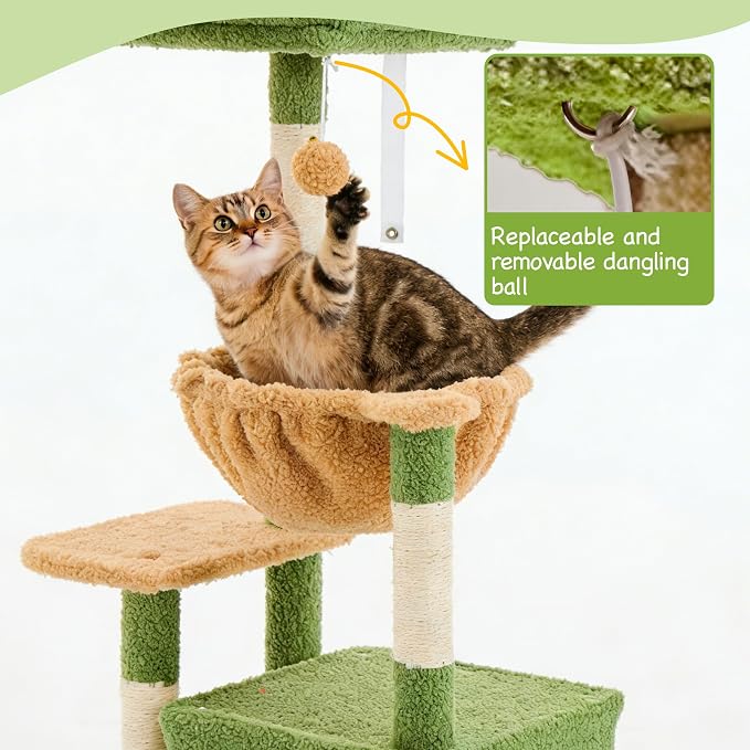Cat Tree for Indoor Cats, 39.8-inch Cat Tower with 2 Plush Perches for Play & Rest, 1 Cozy Hideaway, Dangling Toy & Full Sisal Scratching Posts for Small Cats, Green