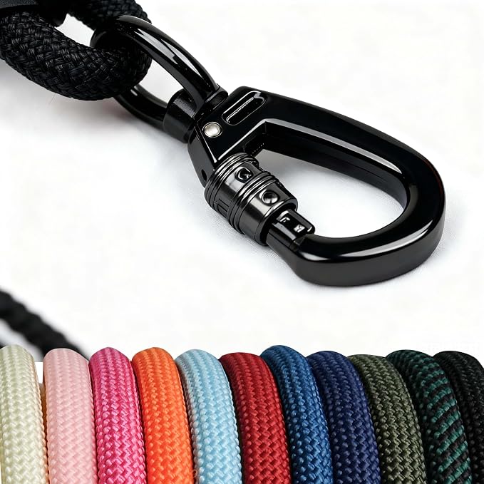 Rope Dog Leash, |Comfortable Leather Handle, Resistant to Dirt and bite | Strong Nylon Pet Lead for Small, Medium, Large Dogs (Black, 5 FEET)
