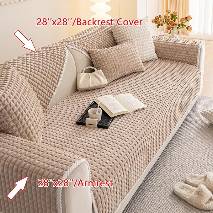 Velvet Couch Cover Sectional, Funny Fuzzy Pet Couch Covers for Backrest, Plush Warm Sofa Covers for Pets Washable, Non-slip Couchs Cover for Pets & Kids(1PC, Khaki, 35.4"×35.4", Single Seater)