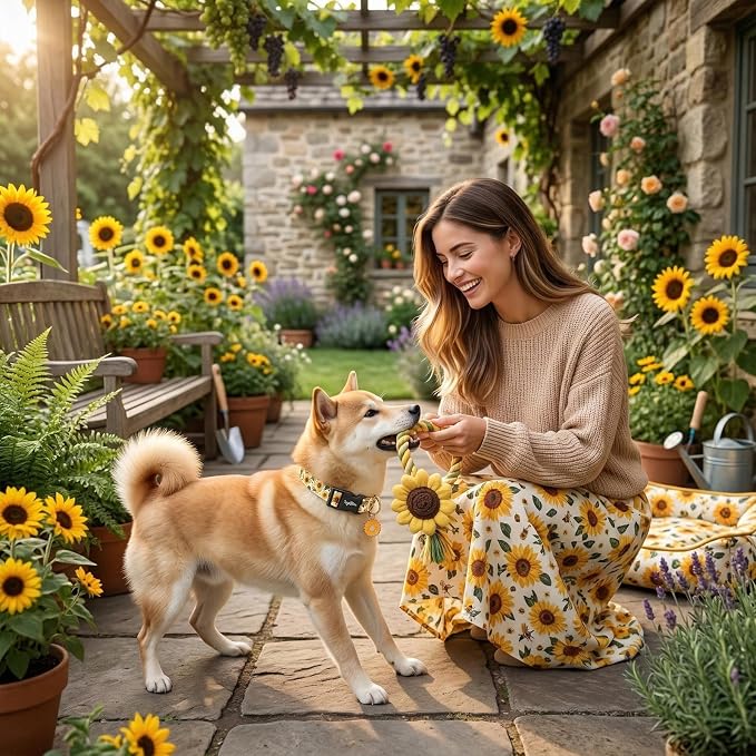 Dog Collar with Sunflower Patterns, Spring Summer Collection Yellow Dog Collar with Exquisite Pendant, Durable Adjustable Collars for Gifts & Daily Use-S