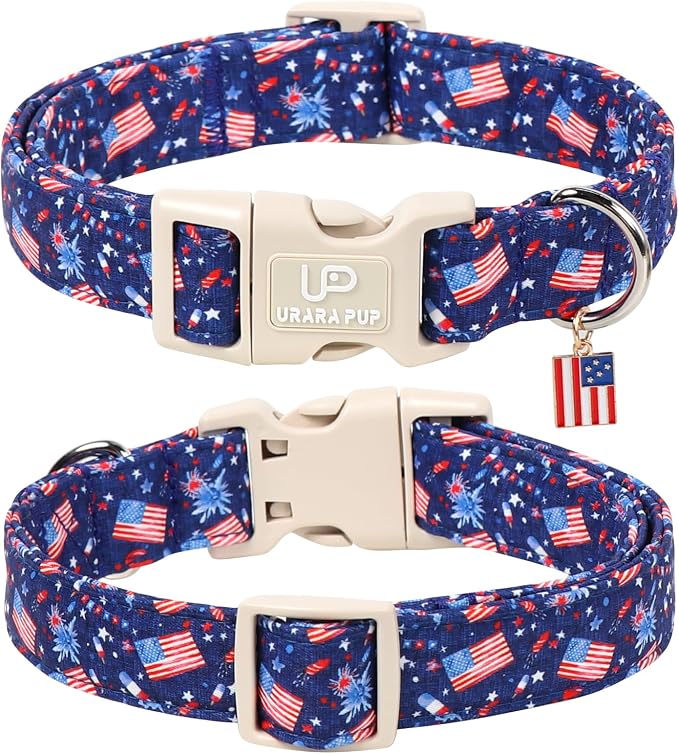 American Flag Dog Collar, 4th of July Cotton Patriotic Pet Collar, Adjustable Durable Quick Release Buckle with Charm for Small Medium Large Dogs