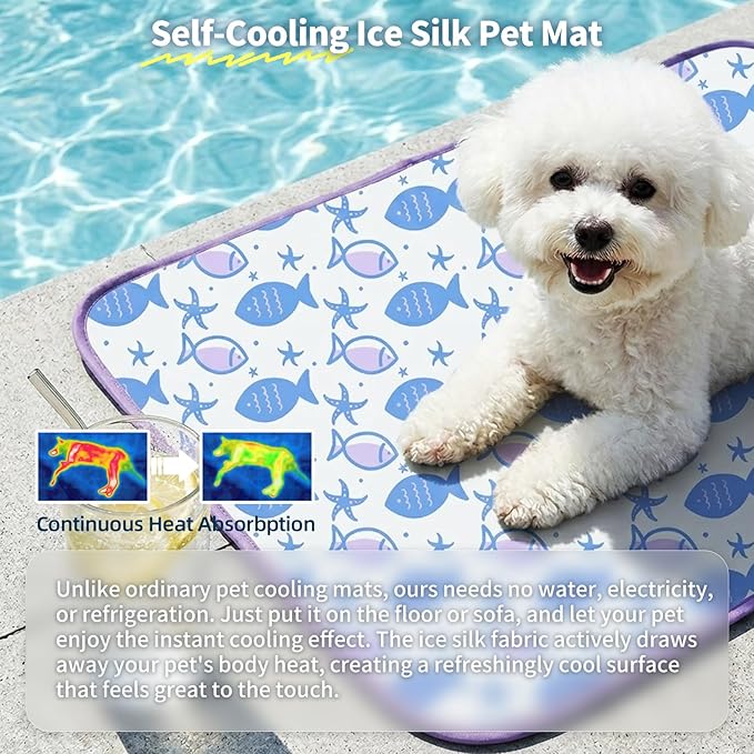 NWK Pack of 4 Pet Cooling Mat for Large Dogs -Q-Max>0.345 Ice Silk Cooling Mat for Dogs & Cats Portable & Washable Pet Cooling Blanket for Summer (4pcs, Purple Fish, 39'' X 27'' X 0.3'')