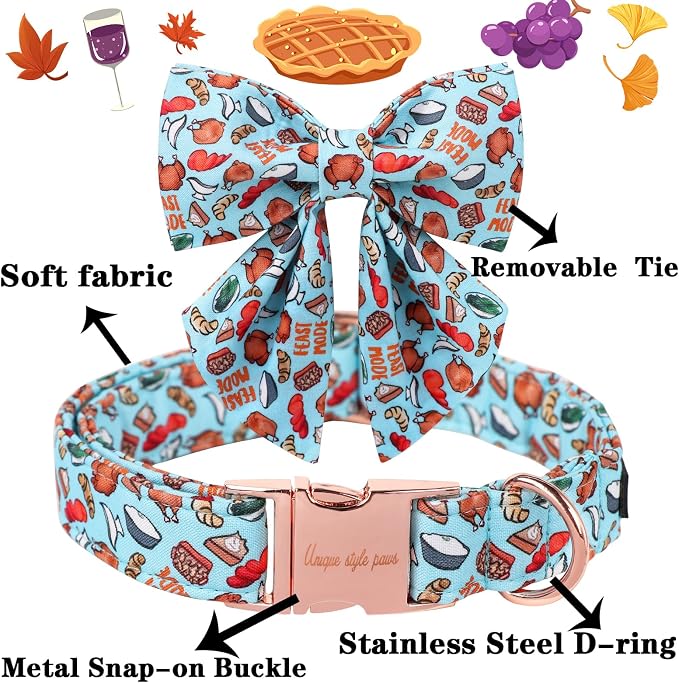 Unique Style Paws Thanksgiving Day Dog Collar with Bowtie Blue Turkey Cotton Puppy Collars for Small Medium Large Dogs