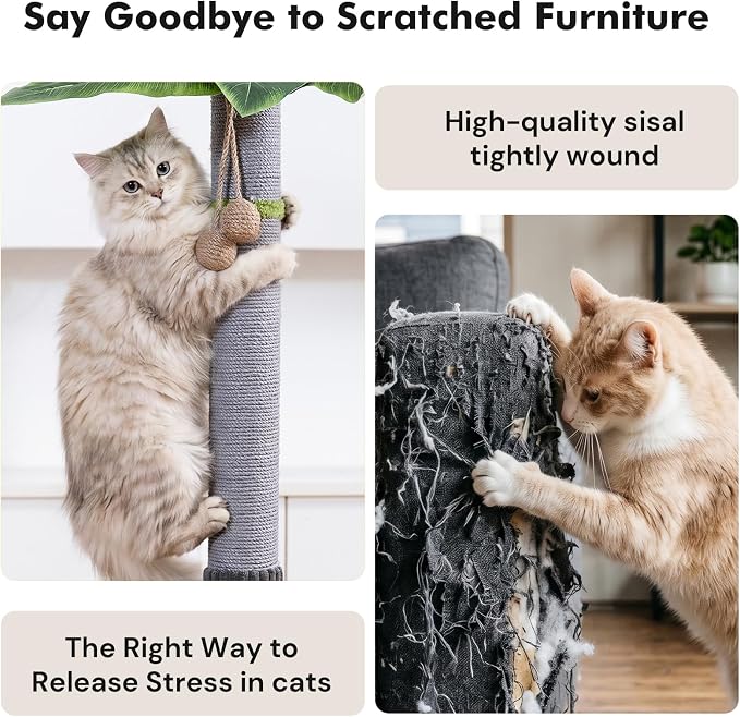 Woochpet 35" Tall, Sisal Cat Scratcher with Mouse Toy and Track Balls, Palm Tree Design Scratch Pole for Kittens Grey Base