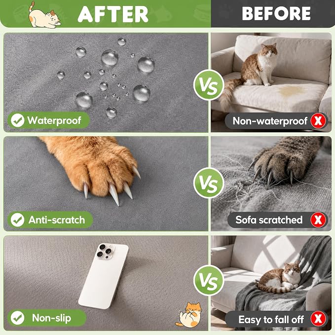 LOllON Velvet Couch Cover for Cats Dogs Kids - 100% Waterproof Cat Scratch Resistant Sofa Cover, Non-Slip Washable Furniture Protector,Ultra Soft Pet-Friendly Slipcover for 3-Seat Sofa 150"X71" Grey