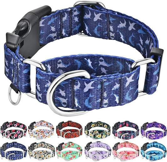Martingale Collar for Dogs with Buckle Shark Dog Collar Adjustable Soft Nylon Boy Dog Collars for Small Dogs, Deep Blue Shark
