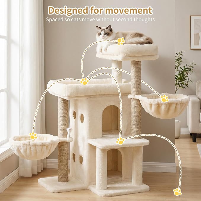 Heybly Cat Tree with Reinforced Big Base, 41.3-Inch Sturdy Cat Tower for Indoor Cats Featuring 2 Roomy Platforms, Double Cat Condo, 2 Cozy Baskets, Full Sisal Scratching Posts, Beige HCT075MJ