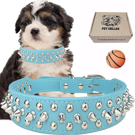 TEEMERRYCA Adjustable Microfiber Leather Spiked Studded Dog Collars with a Squeak Ball Gift for Small Medium Large Pets Like Cats/Pit Bull/Bulldog/Pugs/Husky, Blue, XS 8.3-10.6 inches