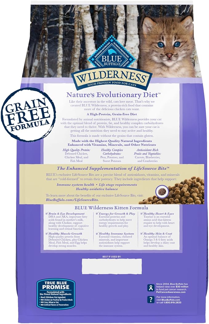 Blue Buffalo Wilderness Natural Kitten Dry Cat Food, with DHA and ARA to Support Brain and Eye Development, High-Protein and Grain-Free Diet, Chicken, 2-lb Bag