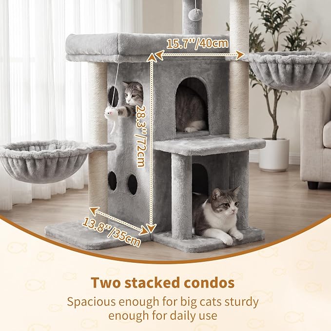 Heybly Cat Tree with Reinforced Big Base, 41.3-Inch Sturdy Cat Tower for Indoor Cats Featuring 2 Roomy Platforms, Double Cat Condo, 2 Cozy Baskets, Full Sisal Scratching Posts, Light Gray HCT075W