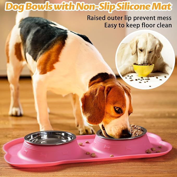 Hubulk Pet Dog Bowls 2 Stainless Steel Dog Bowl with No Spill Non-Skid Silicone Mat + Pet Food Scoop Water and Food Feeder Bowls for Feeding Small Medium Large Dogs Cats Puppies (Large, Pink)