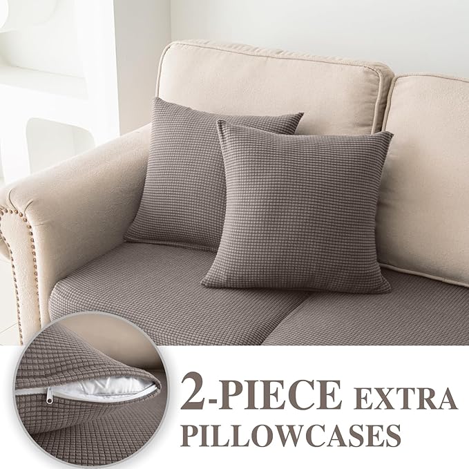 LA MEACK Couch Cushion Covers for Sectional Sofa L Shape Washable Separate Seat Chaise Couch Cover Stretch Sofa Slipcovers with 2 Pcs Pillowcases(2 Seater + 1 Chaise, Taupe)