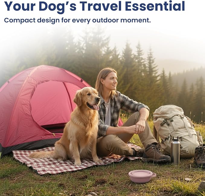 PawsPik 2-in-1 Travel Dog & Cat Bowl – Collapsible BPA-Free Silicone & 18/8 Stainless Steel, Portable & Non-Slip with Handle, Easy to Clean, Food & Water Bowl for On-The-Go Pets (Cherry Blossom Pink)