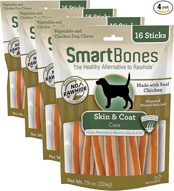 SmartBones Skin and Coat Care Sticks, Rawhide-Free Chews for Dogs, with Omega Fatty Acids, 16 Count (Pack of 4)