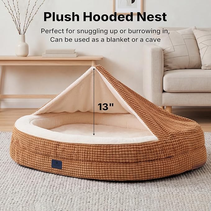 Veehoo 2 in 1 Dog Bed with Cover Cave, Large Dog Beds Indoor with Hooded Blanket, 42 inch Cozy Dogs Cave Bed with Removable Washable Cover for Large Size Dogs Up to 90 lbs