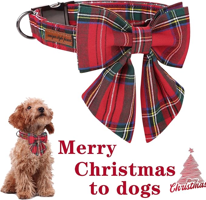 Unique style paws Christmas Dog Collar with Bow Tie Red Plaid Puppy Collar for Small Medium Large Dogs as Autumn Winter Gifts -XS