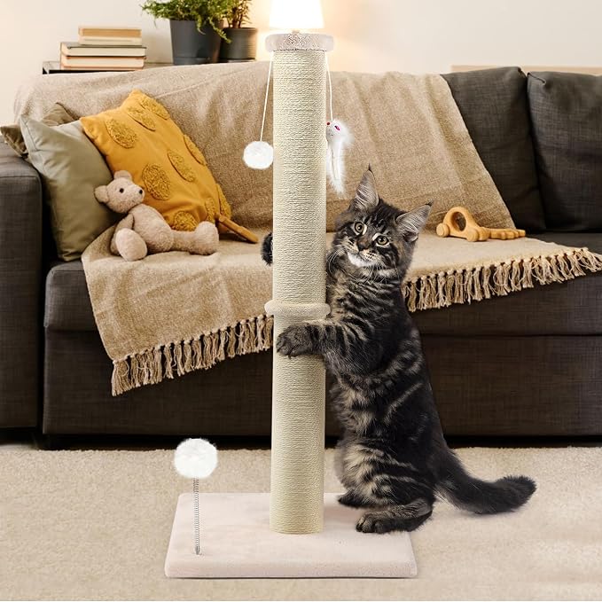 36 Inch Tall Cat Sisal Scratching Post for Indoor Cats, Beige | Natural Sisal, Sturdy Base, Interactive Toys, Full Stretch, Furniture Scratching Redirect, For Kittens and Adult Cats