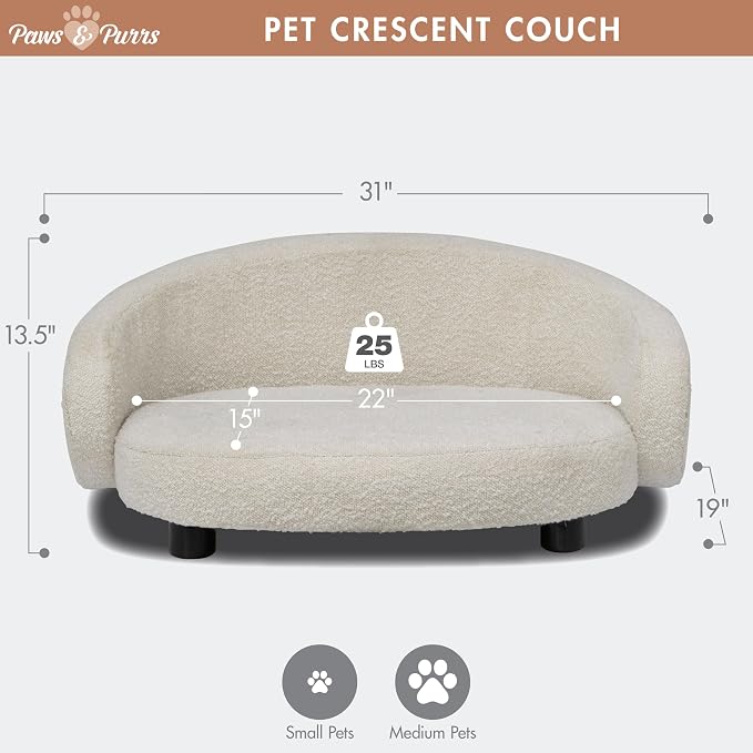 Paws & Purrs Arc Crescent Back Sofa Style Pet Bed, Dog & Cat Modern Couch with Tufted Cushion & Armrest, Stylish Indoor Pet Furniture, Boucle Ivory