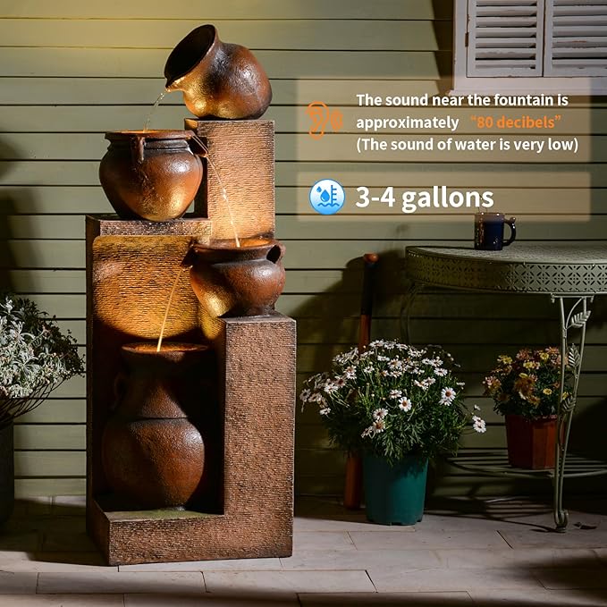 Resin Outdoor Water Fountain 4-Tier Jar Waterfall - Quiet Pump, LED Lights, Rustic Jar Cascading Water Feature for Garden Patio Backyard Decor, 53" H Fountain, Gold
