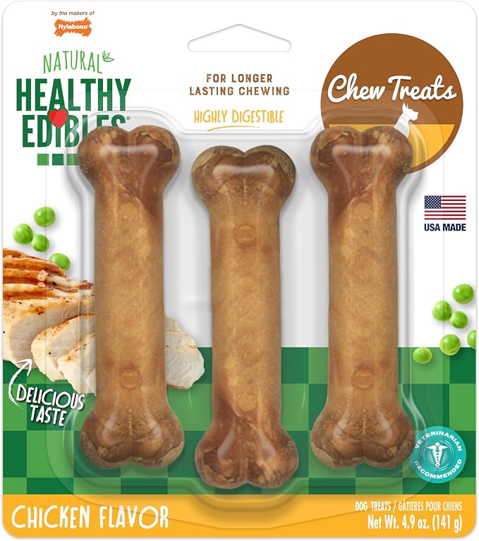 Nylabone Healthy Edibles Natural Dog Chews, Long Lasting Bones for Dogs, Chicken Flavor Dog Treats, Small (3 Count)