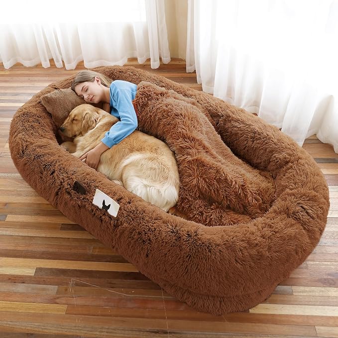 Human Dog Bed, 71''x45''x12'' Size Fits You and Pets, Washable Faux Fur Pet Bed for People Doze Off, Napping Orthopedic Dog Bed, Present Plump Pillow, Blanket, Strap - Brown