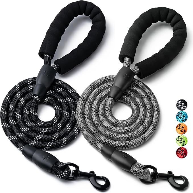 2 Pack Dog Leash, 4/5//6 FT Heavy Duty Nylon Rope Pet Leashes with Comfortable Padded Handle, Reflective Dog Leashes for Small Medium and Large Dogs (5FT-3/8,Black/Grey)
