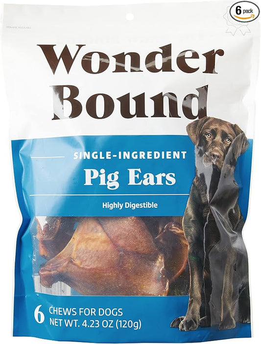 Amazon Brand – Wonder Bound Whole Pig Ears Dog Treats, Pork, 6 ounce, 6 Count (Pack of 1)