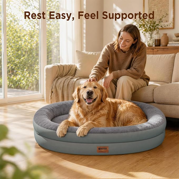 Orthopedic Dog Bed for Large Dogs, Waterproof Dog Bed for Large Size Dogs with Bolsters, Egg Crate Foam Sofa Bed with Washable Removable Cover & Non-Slip Bottom, Grey
