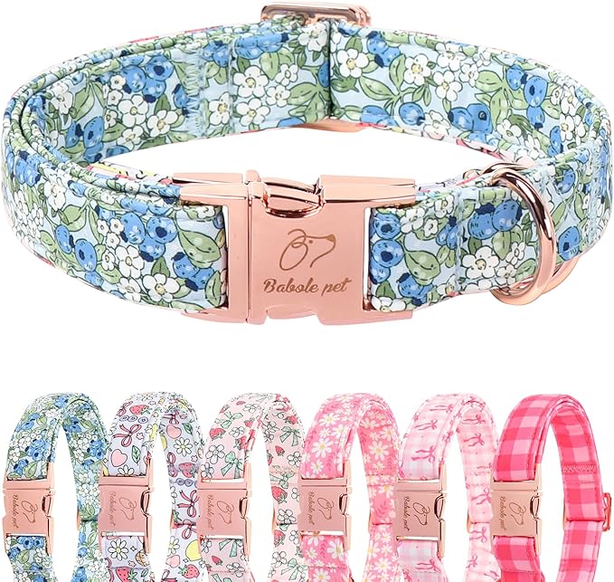 Blueberry Garden Dog Collar, Spring/Summer Cottagecore Floral Dog Collars, Adjustable Heavy Duty Girl Dogs Collar for Small Medium Large Dogs with Metal Buckle XL
