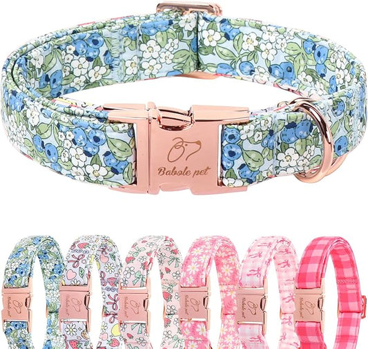 Blueberry Garden Dog Collar, Spring/Summer Cottagecore Floral Dog Collars, Adjustable Heavy Duty Girl Dogs Collar for Small Medium Large Dogs with Metal Buckle XS