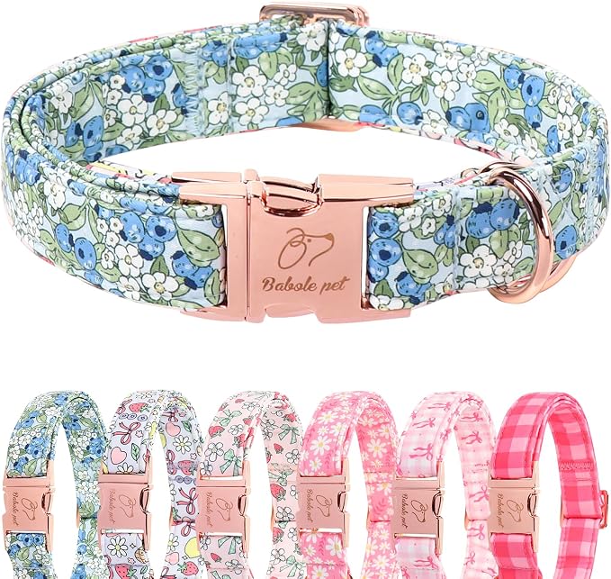 Blueberry Garden Dog Collar, Spring/Summer Cottagecore Floral Dog Collars, Adjustable Heavy Duty Girl Dogs Collar for Small Medium Large Dogs with Metal Buckle S
