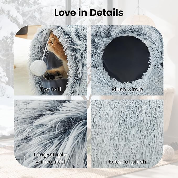 Tempcore Plush Cat Tunnel for Indoor Cats, 3 Way Collapsible Pet Play Tunnel with Teaser Wand, Peek Holes & Hanging Ball, Interactive Tube for Kittens & Rabbits, Light Grey