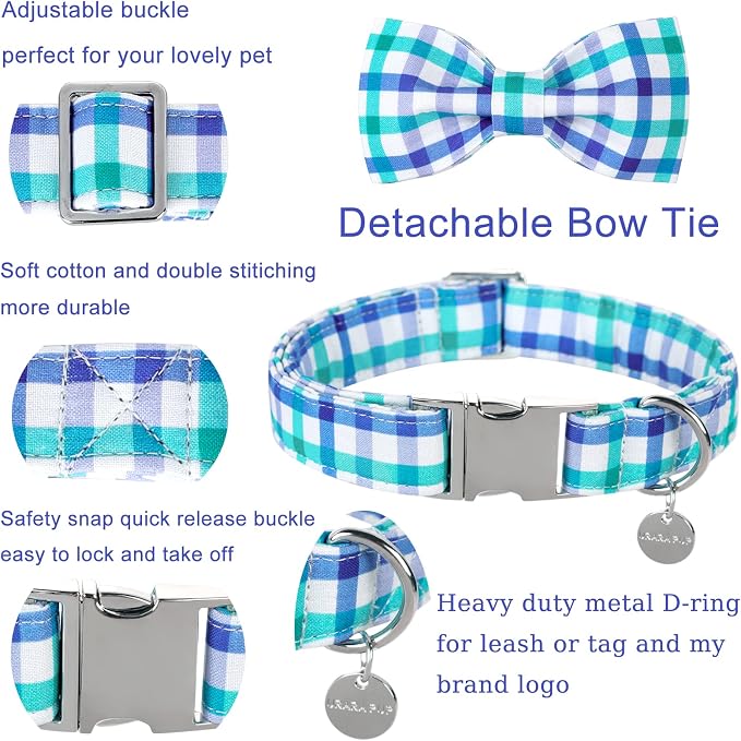 Dog Collar Bow Tie, Comfortable Durable Cotton Bowtie Collar for Large Dogs, Adorable Dog Collar with Metal Buckle, Blue Grid, L, Neck 16-24in