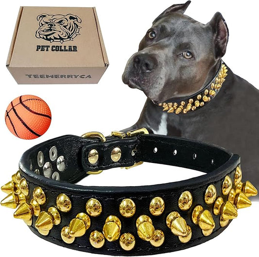 TEEMERRYCA Black Leather Dog Collar with Gold Spikes for Small Medium Large Pets, Pit Bulls/Bulldog, Keep Dog Safe from Grabbing by Huge Dogs, L(15"-18.5")