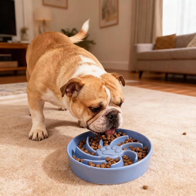 Ceramic Slow Feeder Dog Bowl, 3 Cup Dog Food or 25oz Water, Slow Eating Bowl for Middle Breed, Maze Puzzle Feeder for Fast Eaters, Anti-Choking Stop Bloat, Non-Slip BPA Free (Blue)