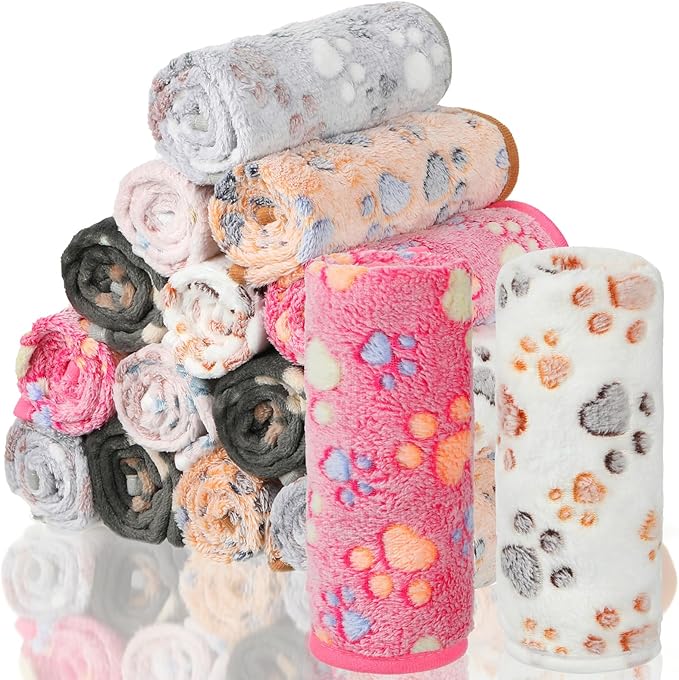 18 Pcs Dog Blankets for Small Dogs Washable Soft Fluffy Fleece Puppy Blankets Bulk for Pets Cute Paw Printed Throw for Indoor Cats Kitten Crate (23 X 16 Inch)