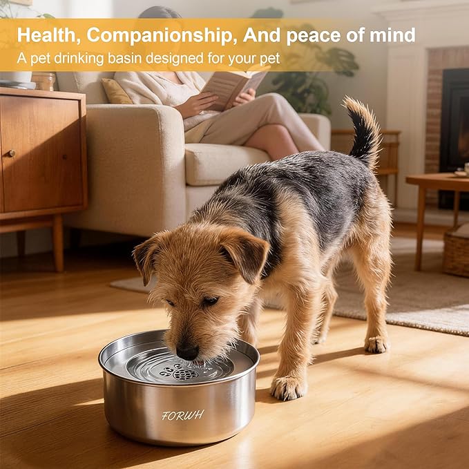 304 Stainless Steel Dog Water Bowl No Spill, 101oz/3L Large Capacity Pet Water Dispenser with Floating Disk, Non-Slip Slow Drink Feeder for Cat, Anti-Gulping & Splash Proof for Travel, Car & Home