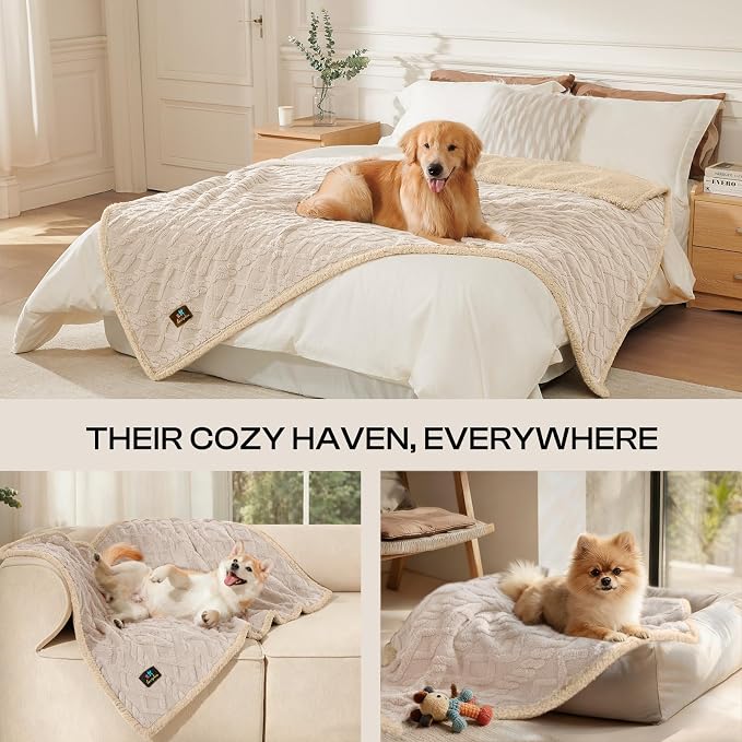 Waterproof Pet Blanket, Liquid Pee Proof Dog Blanket for Sofa Bed Couch, Reversible Sherpa Fleece Furniture Protector Cover for Small Medium Large Dogs Cats, Beige-thicken King Size（90" x 82"）