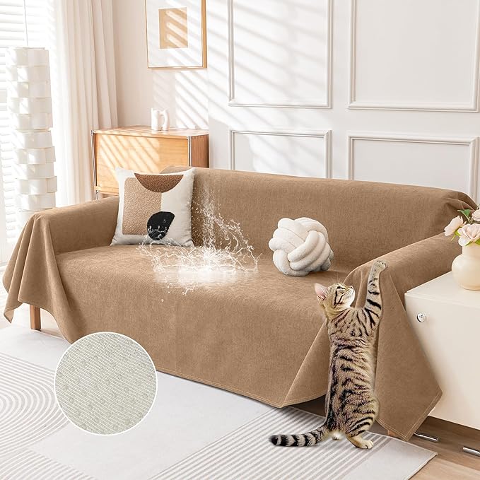 Deep Dream Cat-Scratch Resistant Couch Cover, Waterproof Sofa Cover for 3 Cushion Couch Washable, Pet Friendly Couch Protectors Anti Slip Thickened Sofa Slipcovers for Dogs Pets, 91" x 134", Brown