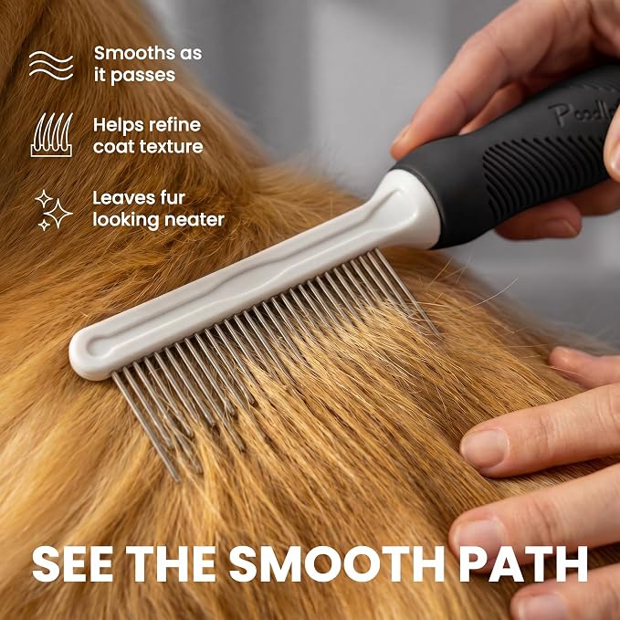 POODLIE Poodle Pet Dog Combs for Grooming Matting - Metal Comb for Dogs with Long & Short Stainless Steel Teeth - Dematting Comb for Cats to Remove Matted Hair & Knots, Black