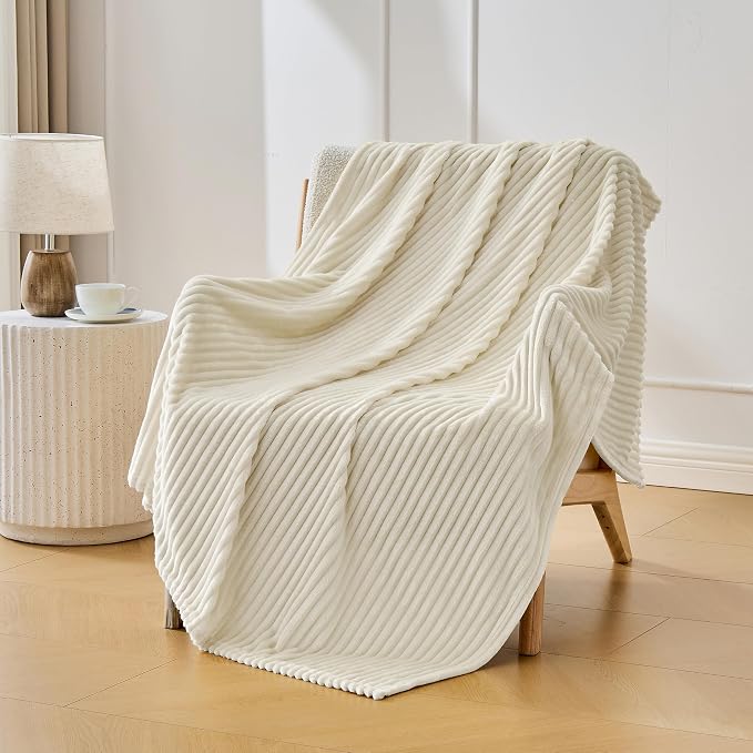 Bnuitland Fleece Throw Blanket for Couch, 300GSM Soft Warm Cozy Fluffy Ivory Throw for Adults & Kids, Stripe Pattern 50"x60", All Season Sofa Bed Blanket for Home Decor