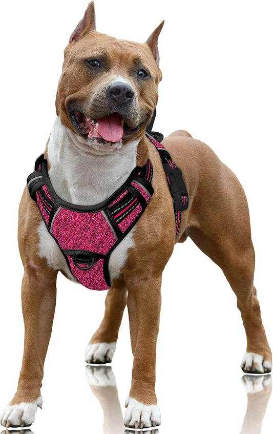 BARKBAY No Pull Dog Harness Large Reflective Dog Harness with Front Clip and Easy Control Handle for Walking Training Running with ID tag Pocket(Pink/Black,L)
