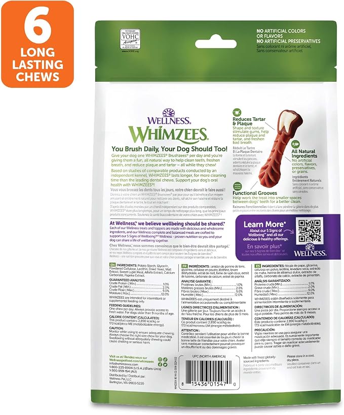Whimzees Wellness Brushzees Natural Dog Dental Treat, VOHC Accepted Chews, Freshens Breath, Large Size, 12.7 oz Bag, 6 Count